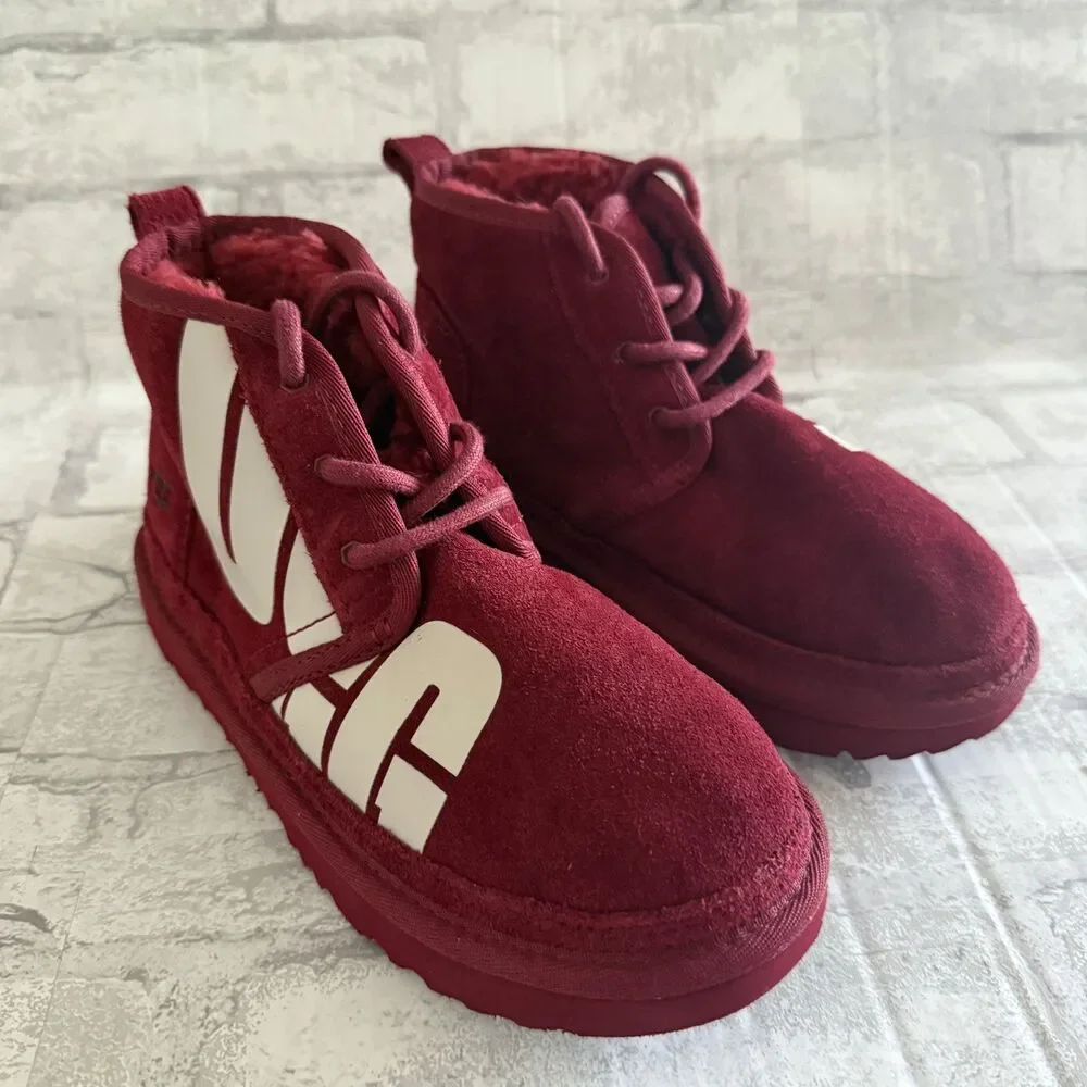 UGG Kids Neumel Chopd Lace Up Booties Burgundy Wool Lined Modern Chukka Sz 3